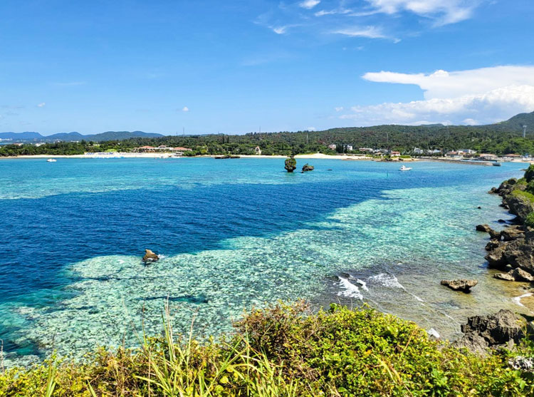 サンゴが広い範囲で白化すると、陸上からも白っぽく見える＝2024年9月2日、沖縄県恩納村、廣瀬美奈さん撮影