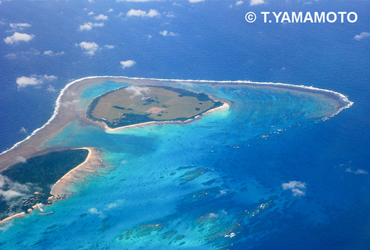 上空から見た石西礁湖の一部。島を取り囲むように美しいサンゴ礁が広がる＝山本智之撮影